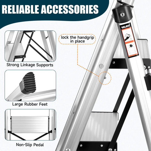 Aluminum Folding Ladder With Retractable Handgrip And Anti Slip Pedals For Kitchen Garage And Home Easy Fold Space Saving Sturdy Portable 330 Pound Capacity 4 Step Design, close-up of handgrip and support