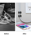 12-Pack Black Adhesive Cable Clips For Cord Management And Wire Organization, Easy Nightstand Desk Office Charger Holder in use