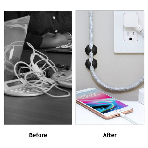 12-Pack Black Adhesive Cable Clips For Cord Management And Wire Organization, Easy Nightstand Desk Office Charger Holder in use