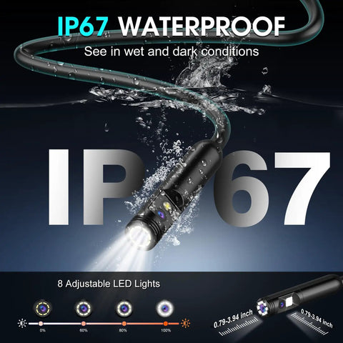 Dual Lens Endoscope Camera With Light Pro Grade HD 1920P Borescope For Pipes And Car Repairs, 4.3 Inch LCD, IP67 Waterproof, 16.4 Ft Semi-Rigid Cable, 8 LED Lights, 32GB Card Included. IP67 waterproof borescope cable with LED camera head