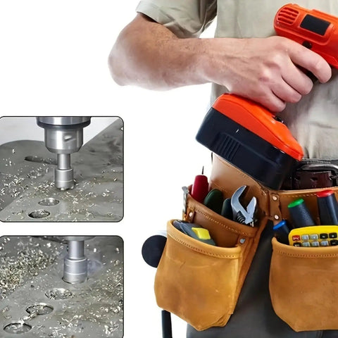Heavy Duty Rock Solid HSS Hole Saw Drill Bits Set Tough As Nails Workhorse Cutter for wood and metal shown with drill in use.