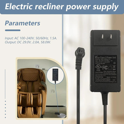 29V 2A Electric Recliner Power Supply Replacement Adapter For Okin Limoss Lift Chairs And Sofas Plug And Play Wide Compatibility With DeltaDrive And BetaDrive Motors Works With Lazboy Pride Golden Kaidi Flexsteel Ashley Berkline And More. black 2-pin adapter with cord