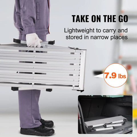 Foldable Aluminum Work Platform 30 by 12 by 20 Inches, Heavy Duty Stool Ladder With 330 Lb Load Capacity, Non Slip Feet, Perfect For Vehicle Washing, Cleaning, Painting, Decorating, And Home Projects. Folded aluminum platform being carried and stored in a car trunk.