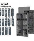 Premium 63 In 1 Screwdriver Bit Kit With Torx And Tri-Wing Bits Perfect For Laptop Repair, PC Disassembly, And Tech Upgrades Featuring Magnetic Tips And Compact Case Design For All Your Gadgets. 63-piece precision bit set in compact case, shown open with assorted metal bits