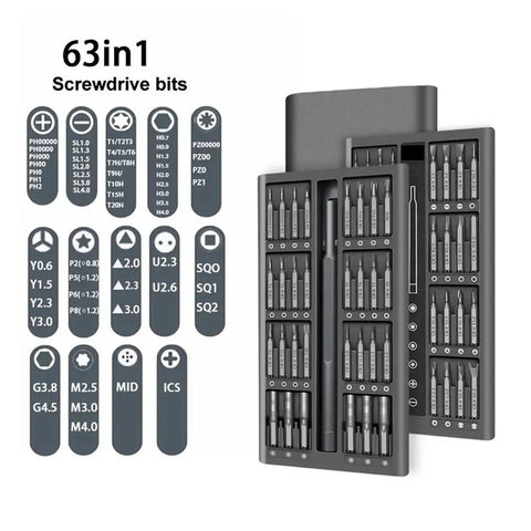 Premium 63 In 1 Screwdriver Bit Kit With Torx And Tri-Wing Bits Perfect For Laptop Repair, PC Disassembly, And Tech Upgrades Featuring Magnetic Tips And Compact Case Design For All Your Gadgets. 63-piece precision bit set in compact case, shown open with assorted metal bits