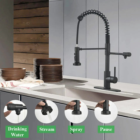 Drinking Water Faucet With Pull Down Kitchen Filtration Spout For Independent RO System Connection, Matte Black
