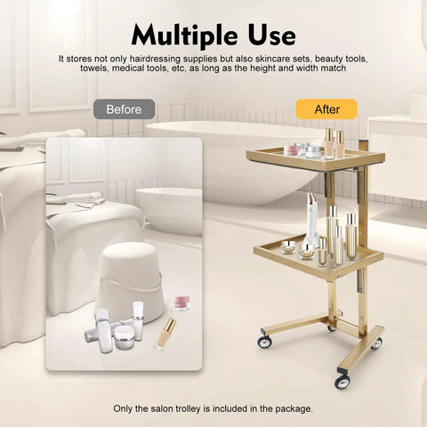 Two Tier Stainless Steel Rolling Cart With Wheels, Foldable Salon Tray Trolley For Tattoo Studio, Golden Finish, holding supplies.
