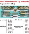 Top Notch 20-Piece Tap And Die Set With Alloy Steel M3 To M12 Metal Thread Drill Bits Plus Titanium Plated Screw Key For Auto Repair And Shop Work, 20pc kit in case