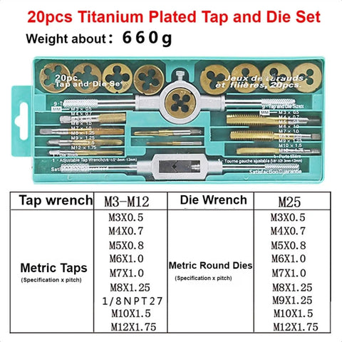 Top Notch 20-Piece Tap And Die Set With Alloy Steel M3 To M12 Metal Thread Drill Bits Plus Titanium Plated Screw Key For Auto Repair And Shop Work, 20pc kit in case