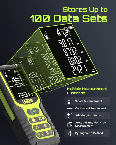 High Range Laser Distance Meter 100m With Angle Sensor And Backlit LCD Display, Measures Length, Area, Volume, And Pythagorean, Ft In M Unit Switching, Battery Included, Sleek Durable Handheld Tool For Pros And DIY Projects. Stores up to 100 data sets.