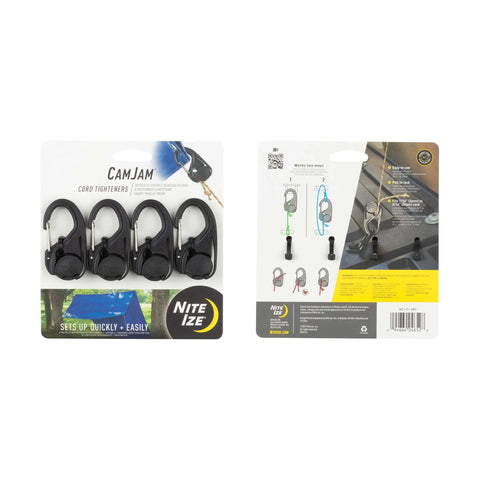 CamJam Cord Tightener 4 Pack Easy Knot Free Rope Tensioner for Camping and Hiking Gear Carabiner Clip packaging