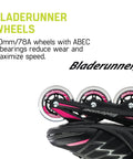 Close-up of Bladerunner wheels on beginner friendly women's inline skates for fitness and stability in black and pink.