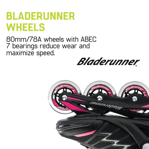 Close-up of Bladerunner wheels on beginner friendly women's inline skates for fitness and stability in black and pink.