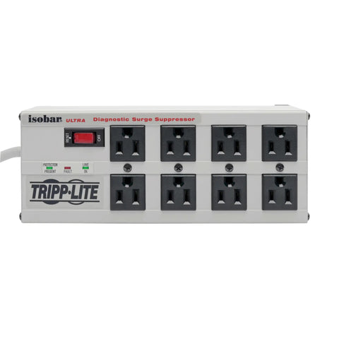 Isobar 8 Outlet Heavy Duty Surge Protector Power Strip With 3840 Joules, 12ft Cord, Flat Plug, Metal Housing, Wall Mountable, Under Desk Use For Garage, Workshop, And Industrial Equipment