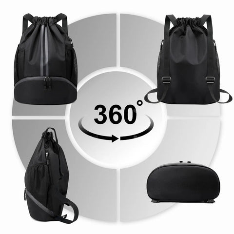 360-degree view of a Waterproof Drawstring Gym Bag With Shoes Compartment And Wet Pocket Sports Backpack