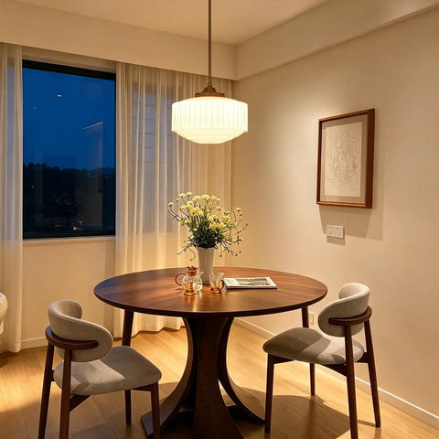 Vintage Brass Milk Glass Pendant Light 13.8in White Pleated Chandelier, E26 hanging over a wooden dining table with flower vase.