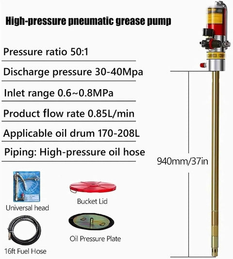 High pressure pneumatic grease pump kit with 50:1 pressure ratio, suitable for 55 gallon drums and includes multiple accessories.