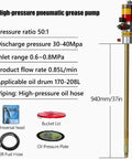 Heavy Duty Pneumatic Grease Pump With 16 Ft Oil Hose And Universal 55 Gallon Drum Adapter for industrial lubrication tasks.