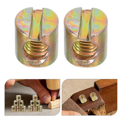 Super Cool 100 Pack M6 Threaded Inserts For Furniture Nuts Screws And Bed Connectors That Fit All Kinds Of Frames Easy Install Barrel Nut Replacements You Need Today close-up of two metal threaded inserts, suitable for furniture and repairs.