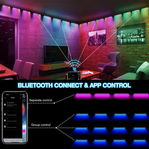 Sixteen Inch 18W RGB LED Light Bars Kit With App Control And Remote in living room ambiance with app interface display