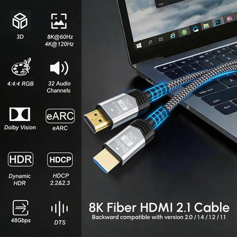 Dope 8K Fiber Optic HDMI Cable 40 Feet Braided Gaming Cord displaying connectors near laptop, supporting 48Gbps bandwidth.
