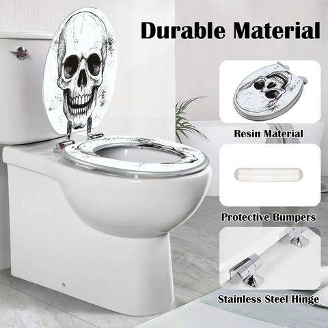 Elongated Resin Toilet Seat for Bathroom with skull design, durable resin, and stainless steel hinges.