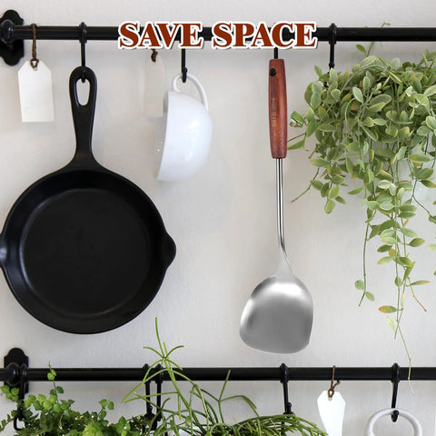 Wok spatula, stainless steel blade with wooden handle, 14.17-inch length, hanging on a rack