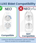 Compatibility chart for Bidet Shut-Off T-Adapter Valve For NEO Series Attachments showing compatible NEO model on left.