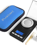Portable Jewelry Scale 50g Capacity 0.001g Precision Microgram And Milligram Scale For Powder With Tray Tweezers And Calibration Weight Includes Carry Case, black and blue.