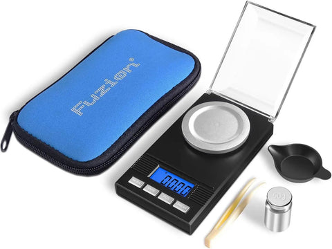 Portable Jewelry Scale 50g Capacity 0.001g Precision Microgram And Milligram Scale For Powder With Tray Tweezers And Calibration Weight Includes Carry Case, black and blue.