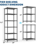 Heavy Duty Six Tier Metal Wire Shelving Rack With Rust Resistant Carbon Steel Frame shown with height dimensions 73.2" and adjustable height to 37".