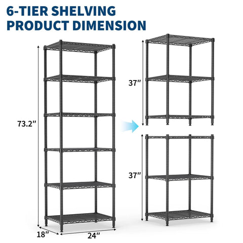 Heavy Duty Six Tier Metal Wire Shelving Rack With Rust Resistant Carbon Steel Frame shown with height dimensions 73.2" and adjustable height to 37".