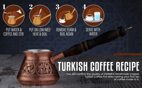 Thick Copper Turkish Coffee Pot Cezve Ibrik Briki With Wooden Handle And Hand Engraving Antique Copper Finish 9 Ounce Stovetop Coffee Maker