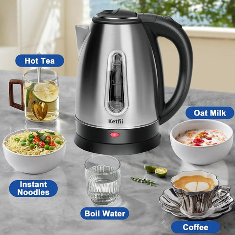 Stainless Steel Electric Kettle 1.8L With 1100W Rapid Boil, BPA Free Tea And Coffee Maker on counter with hot drinks and meals