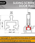 Diagram showing Anodized Aluminum Sliding Screen Door Track 75 Inch Bottom Track Replacement for Patio Doors with measurements.