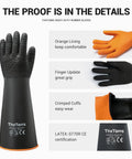 Top Shelf Heavy Duty Rubber Work Gloves With Super Grippy Anti Slip Palms And Hella Thick Durable Natural Latex Hand Armor For Tough Home Cleaning And Yard Chores, featuring crimped cuffs and orange lining.