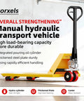 Heavy Duty Manual Pallet Jack Built Different For Tough Tasks Featuring Rock Solid 5500 Pound Capacity And Super Slick Hydraulics in a warehouse setting.