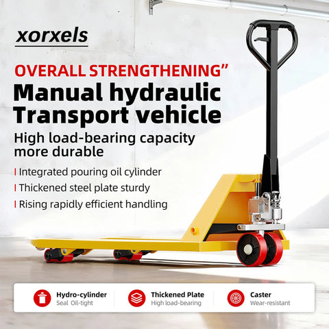 Heavy Duty Manual Pallet Jack Built Different For Tough Tasks Featuring Rock Solid 5500 Pound Capacity And Super Slick Hydraulics in a warehouse setting.
