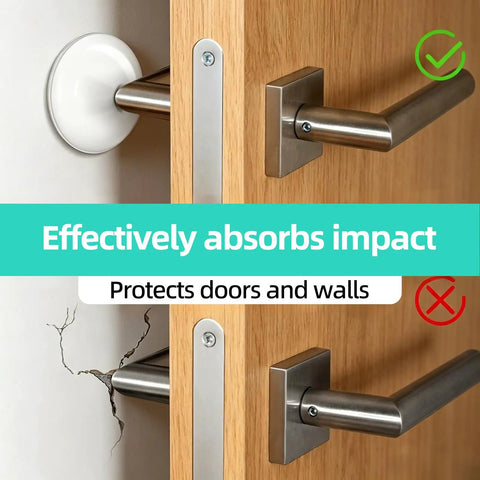 Image showing a self adhesive door bumper protecting a wall from a door handle impact, with and without bumper comparison.