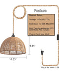 2 Pack Rattan Plug In Pendant Lights With On Off Switch Vintage Farmhouse Hand Woven Bamboo Dome Lighting dimensions and cord