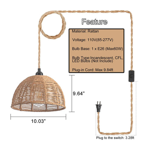 2 Pack Rattan Plug In Pendant Lights With On Off Switch Vintage Farmhouse Hand Woven Bamboo Dome Lighting dimensions and cord