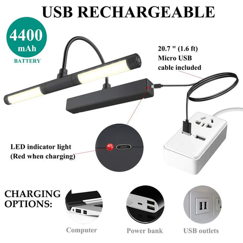 Rechargeable Picture Light With Remote For Paintings And Wall Art, USB charging options, LED indicator, and micro USB cable