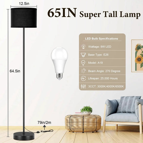 Minimalist Floor Lamp With White Linen Fabric Shade, Tall Modern Standing Light For Living Room Bedroom Or Office, Black Metal Pole And Base With Foot Switch, E26 Base, No Bulb Included in a room setting
