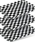 Set Of Three 13 X 10 Inch Rectangular Checkered Serving Trays Black And White Racer Platters stacked for snacks and desserts.