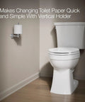 Elate Vertical Toilet Paper Holder In Polished Chrome Minimalist Metal Design Premium Durable Construction next to toilet