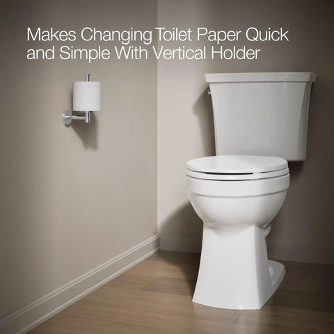 Elate Vertical Toilet Paper Holder In Polished Chrome Minimalist Metal Design Premium Durable Construction next to toilet