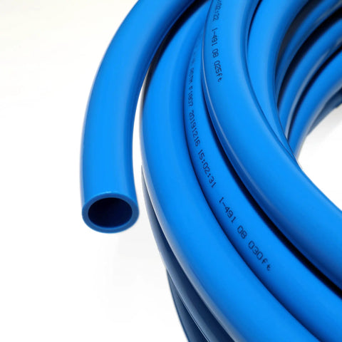 Close-up of blue 1/2 in PEX tubing from Half Inch PEX B Pipe Kit With 200 Feet Total From Two Rolls For Potable Hot And Cold Water Systems