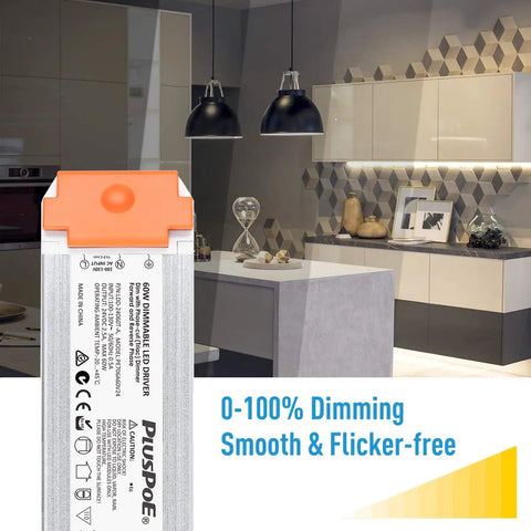 Versatile 24V 60W Dimmable LED Driver for LED strip lights shown with kitchen lighting setup, compatible with Lutron and Leviton dimmers.
