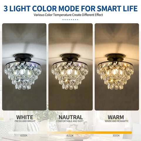 Modern Small Crystal Ceiling Light Fixture In Matte Black Semi Flush Mount Mini Chandeliers showing three light modes