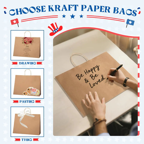 Person writing on Bulk 400 Pack 16x6x12 Inch Kraft Paper Bags With Handles Reusable For Biz Grocery Birthday Wedding Kids Party And Favors Eco Friendly Recyclable Shopping Bags, showing bag versatility for drawing, pasting, and tying.